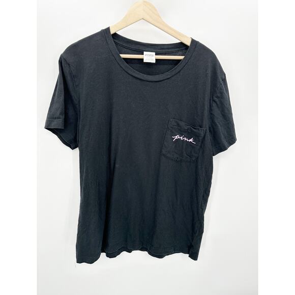 Victoria's Secret PINK Black Short Sleeve Pocket Tee Shirt Women's Size Large L - Picture 1 of 6